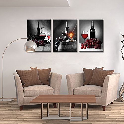 S-ANT Canvas Wall Art Red Wine Green Grape Wine Cups Bottles HD Modern Abstract Giclee Canvas Prints Artwork for Kitchen Home (Black)