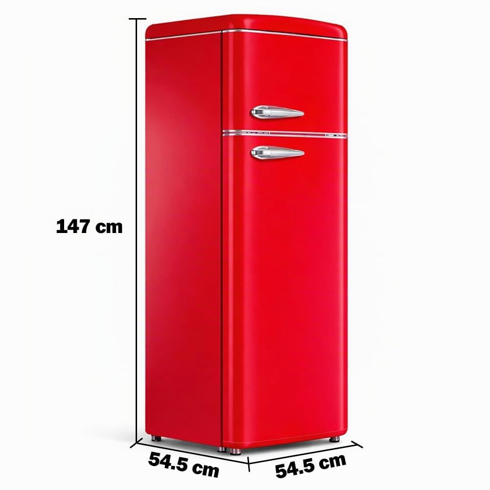 BAKAJI Frigorifero 240 Litri Doppia Porta Design Anni 50, Frigo con Congelatore Salvaspazio, Silenzioso, Temperatura Regolabile, Alto Livello di Stoccaggio, 54.5 x 54.5 x 147 cm (Rosso)