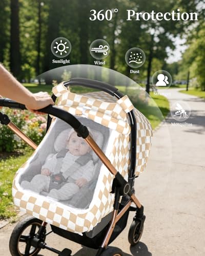 Image of DILIMI Car Seat Covers for Babies, Muslin Cotton Baby Car Seat Cover with Breathable Mesh Window, Summer Infant Car Seat Canopy for Boys Girls Newborn, Brown Plaid