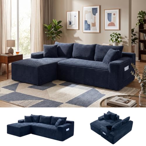 Image of 106.3 inch L Shaped Boneless Sectional Corduroy Couches for Living Room (Blue)
