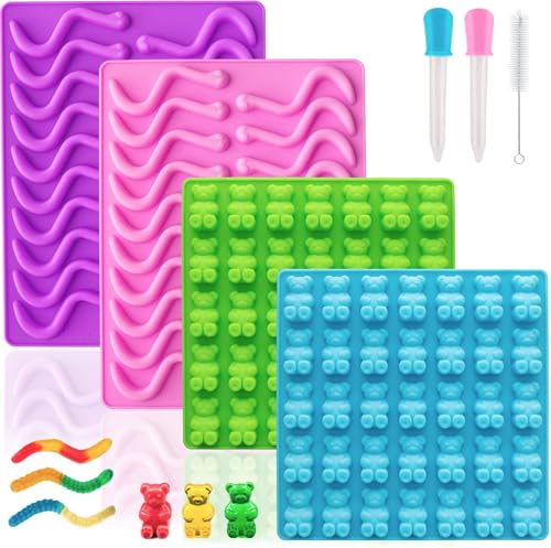 HKUCFTT Large Gummy Bear and Worm Mold Silicone, Candy Gummy Molds for Kids, Non-Stick Chocolate Molds BPA Free with 2 Droppers & 1 Cleaning Brush, Set of 4