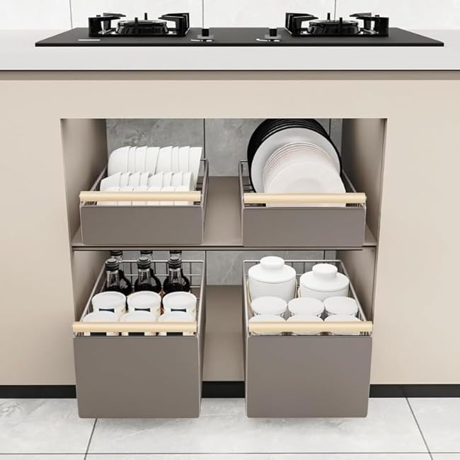 Wire Storage Basket For Kitchen Pantry and Counter, Pull Out Cabinet Sliding Basket, Under Sink Mesh Drawer Organizer with Handle, Stackable Wire Organizing Bin for Produce (white)