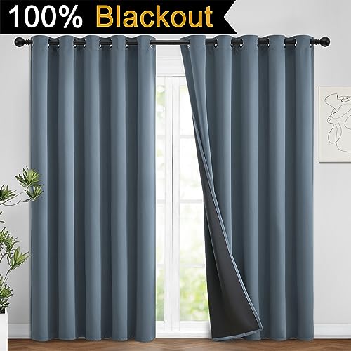 Image of Yakamok Stone Blue 100% Blackout Curtains 96 Inches Long 62 inch Wide 2 Panel | Blackout Curtain Panels for Bedroom, 2 Thick Layers Grommet Top Thermal Insulated Drapes with Black Liner for Living Room