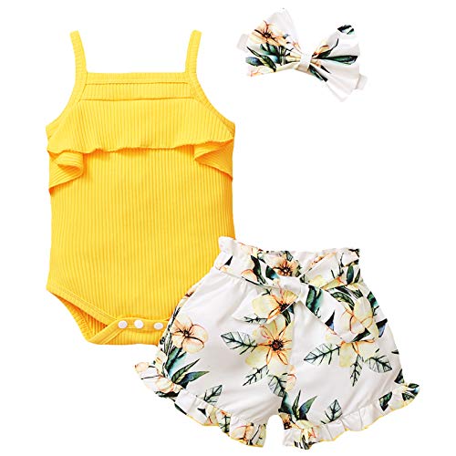 Image of Baby Infant Girls Shorts Set Strap Ruffle Romper+Floral Short Pants+Headband 3PCS Summer Clothes (Yellow, 3-6 Months)