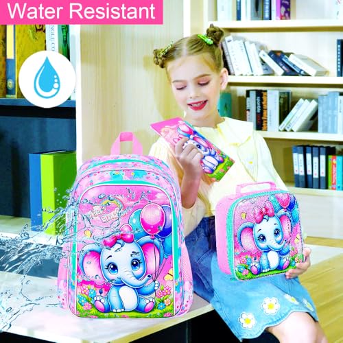 3PCS Backpack for Girls, 16'' Kids Elephant Bookbag with Lunch Box, Cute Animal Water Resistant School Bag Set for Elementary Kindergarten Preschool2