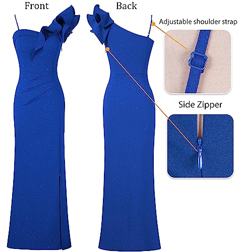 Image of VFSHOW Womens Ruffle One Shoulder Strap Ruched Formal Prom Wedding Maxi Dress V Neck Elegant Split Cocktail Evening Long Gown