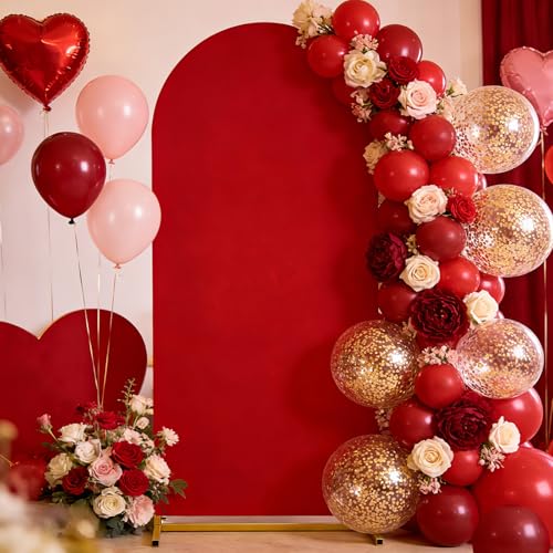 Image of SoarDream Red Arch Backdrop Cover Spandex Fitted 5FT Wedding Arch Covers Balloon Round Top Chiara Arch Backdrop Fabric for Bridal Shower Wedding Birthday Party Stage Decoations