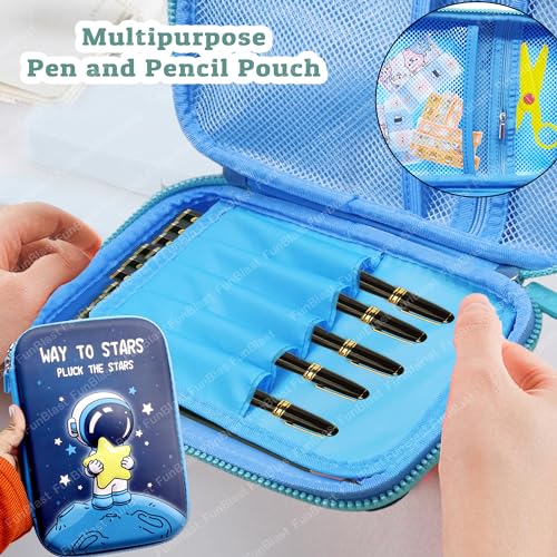 Image of FunBlast Space Pencil Case for Kids, Pencil Pouch with 10 Color in 1 Pen, Pencil case for Boys, Pencil Box for Kids, Return Gifts - Space & Astronaut Theme (Blue)