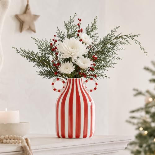 Image of Red and White Striped Ceramic Vase with Double Ring Handles
