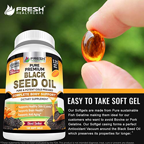 Black Seed Oil Capsules Cold Pressed 1300Mg Per Serving, 100% Pure & Premium Non-Gmo Nigella Sativa Black Cumin Seed Oil, Supports Immune System, Joint & Skin Health - 120 Capsules #TOP3