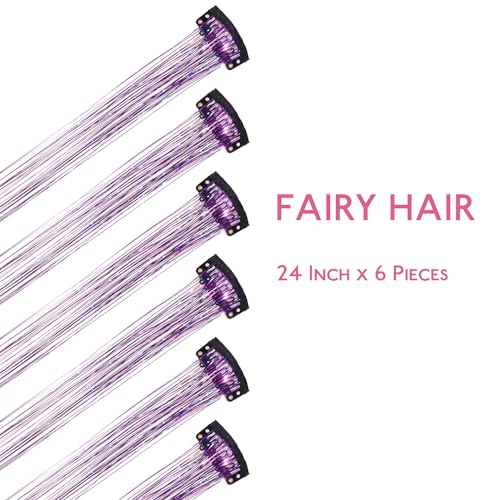 Image of WENNALIFE Hair Tinsel Clip In for Girls Purple, 6pcs 24 inch Clips Tinsel Hair Extensions Clip in Colorful Glitter Clips Sparkle Fairy Hair Accessories for Kids