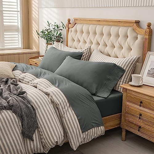 PURE ERA Jersey Knit 4pc Bed Sheet Set 100% T-Shirt Cotton Super Soft Comfy Breathable Fits Mattress Up to 20" Extra Deep Pocket (Solid Dark Greenish Gray, Queen)