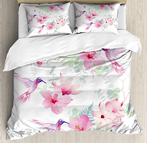Ambesonne Hummingbirds Duvet Cover Set, Tropical Summer Flying Avian Animal Theme Wild Nature Theme, Decorative 3 Piece Bedding Set with 2 Pillow Shams, King Size, Pink Purple