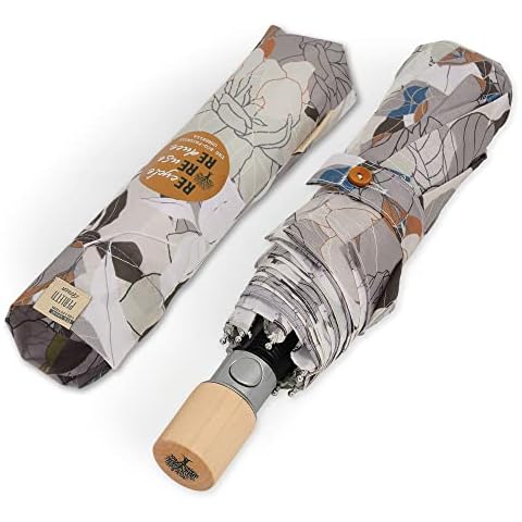 PERLETTI Paraguas Plegable Automático para Mujer Ecológico de Viaje - Paraguas Mango de Madera Biodegradable Apertura Automática - Paraguas Compacto Ligero Eco Sostenible con Flores Cover