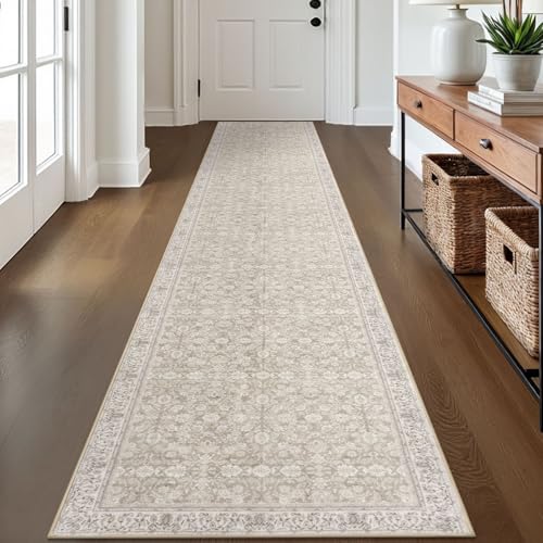 2x12 Cream Beige White Grey Washable Runner Rug for Kitchen, Soft Classic Runner with Non-Slip, Non-Shedding Distressed Floral Rug for Hallways Entryway Bedroom Laundry Indoor