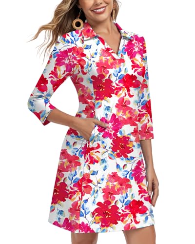 Image of WOWENY 3 /4 Sleeve Dress for Women with Pockets V Neck UPF 50+ Casual Sun Dress Breathable Quick Dry Beach Vacation