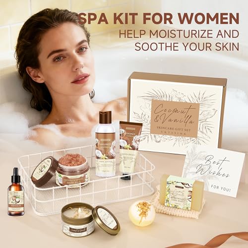 Gifts for Women Happy Birthday Gift Baskets, Bath and Body Gift Set Mothers Day Gifts, Vanilla Coconut Relaxing Home Spa Set Self Care Gift for Mom Sister Her Wife Grandma Girlfriend Friends - Image 8