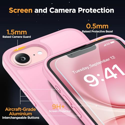 Image of Miracase for iPhone 16e case & iPhone 17e Case for MagSafe [with 2x9H+ Screen Protectors] TOP Military-Grade Protection Shockproof with Velvet Touch for iPhone 16e /17e Phone Case 6.1 inch, Matte Pink