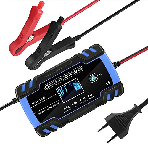BoFeite Cargador de Bateria Moto, Cargador de Bateria para Coche 12V/24V Full Automatico Inteligente Cargador de Bateria con Pantalla LCD y Múltiples Protecciones