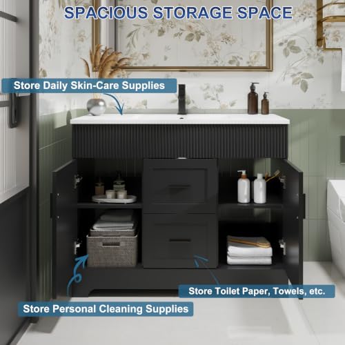 Image of eclife 42 inch Bathroom Vanities Sink Combo with Painted Surface, Modern Drawered Cabinet W /Decorative Wave Lines, Undermount Single White Sink, Matte Black Faucet Drain, Black