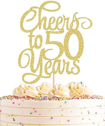AHAORAY Cheers to 50 Years Cake Topper - Gold Glitter 50th Birthday Cake Decorating Supplies Perfect for 50th Anniversary or Fifty Birthday Party Photo Booth Props