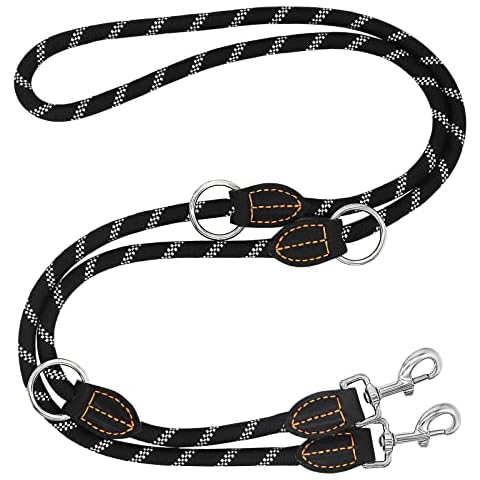 Hundeleine, Hunde Doppelleine Reflektierend, Schwarz 3fach Verstellbar Umhängeleine 2 Enden Metallschnalle Nylon Hundeleine Cover