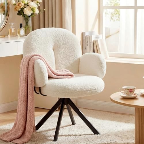 Hellove Cute Chaise Coiffeuse en Sherpa, Fauteuil Salon Confortable Pivotant à 360° avec Pieds en Métal, Petit Fauteuil avec Accoudoirs pour Chambre,...