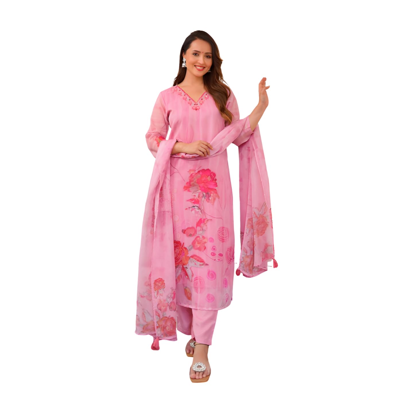 Shiv Textiles Women's Organza Embroidered Kurta Pant Dupatta Set(Jda-Harleen-Pink-Xxl)