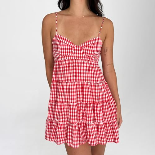 Women Y2k Gingham Dress Spaghetti Strap Tie Back Plaid Mini Dresses Summer Flowy Smocked Sundress4