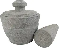 Pilão Em Pedra Sabão Para Alho Temperos Resistente Com Tampa