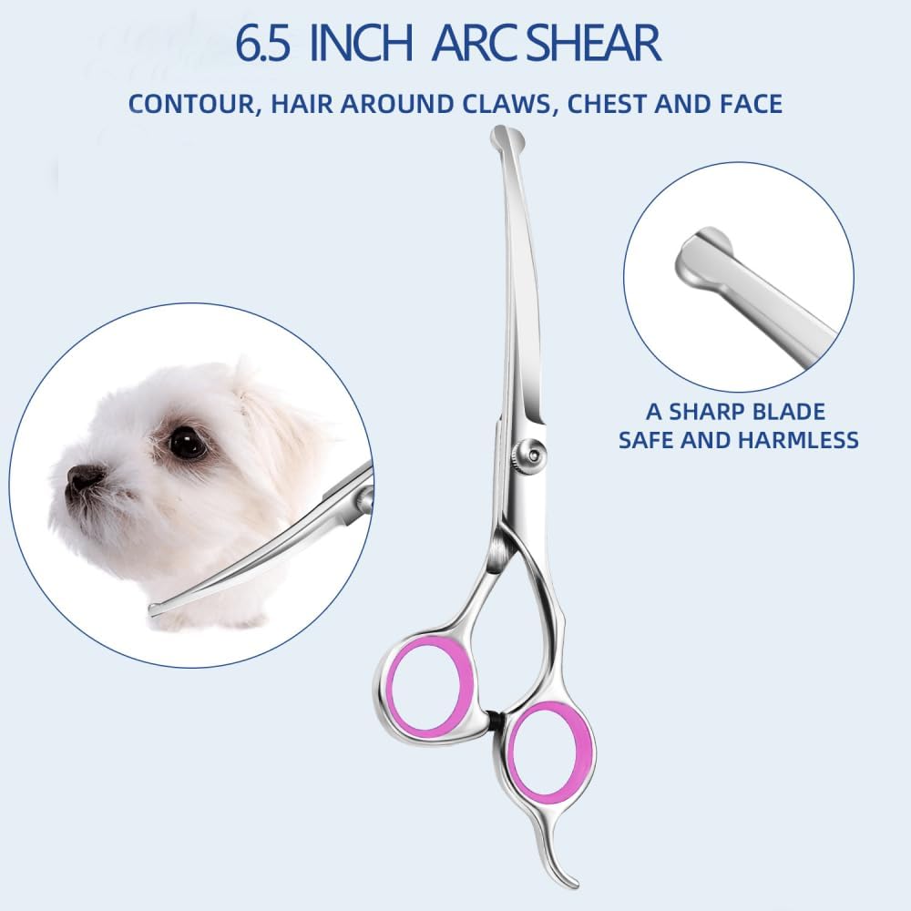Dog Grooming Scissors - Professional Pet Grooming Kit with Flea Comb - Safety Round Tips Dog Thinning Scissors (Pink) Set of 6 - Image 3