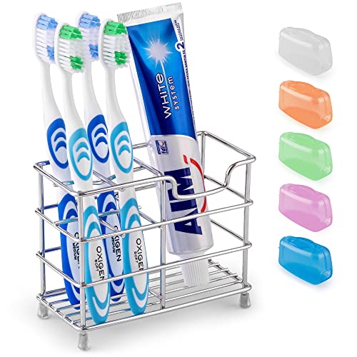 Zulay Home Toothpaste and Toothbrush Holder - Stainless Steel Toothbrush Holders for Bathrooms - Small Toothbrush Stand Organizer with 5 Colorful Toothbrush Cases Included