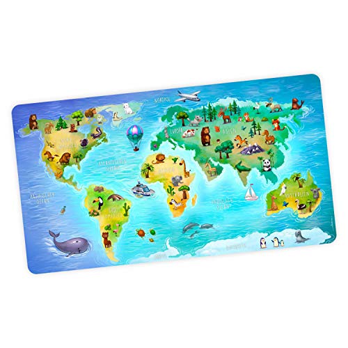 stabile XXL Vinyl Schreibtischunterlage Weltkarte Bastelmatte Kinder Platzset abwaschbar - BPA frei - reißfest farbecht - Geschenk Schuleintritt Schulanfang Einschulung oder für Kita
