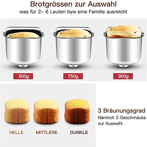 COOCHEER Brotbackmaschine, Brotbackautomat 500W mit 25 Backprogramme, Automatische Zutatenbox, 3 Brotgrößen und 3 Backfarben, 13 Stunden Automatischer Timer und 1 Stunde Wärmehaltung/Klein – Bild 4