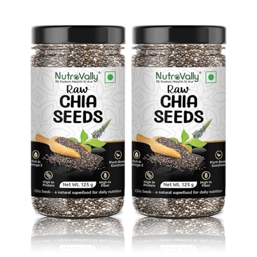 NutroVally Raw Chia Seeds for Weight Loss | High in Omega-3, Calcium, Protein & Fiber | 100% Natural & Unroasted | Gluten-Free Superfood | Pack of 2 (125g Each) – Total 250g | Vegan & Keto Friendly