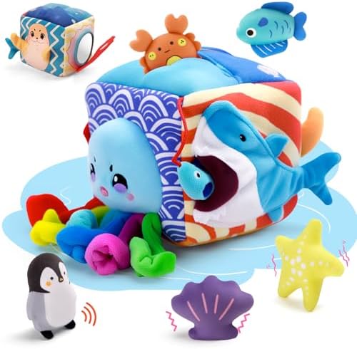 Baby Toys 6-12 Months–Mystery Soft Box with 5 Plush Marine Animals,Rattle,Crinkle Paper & Mirror–Montessori Sensory Toys for 6+ Month Old Babies 1-3 Year Old Boy Girl Birthday