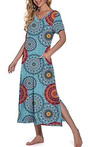PrinStory Womens Long Nightgown Short Sleeve Nightshirt V-Neck Soft Loungewear Casual Sleepwear With Pockets FP-Mix Blue-Large