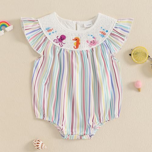Newborn Baby Girl Outfit Octopus/Crab/Seahorse Stripe Sleeveless Smocked Bubble Romper Infant Bodysuit Summer Clothes3