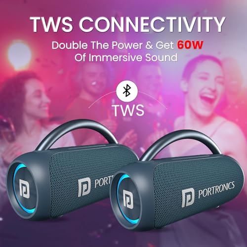 Image of Portronics Radiant 30W Wireless Bluetooth Portable Speaker with in-Built Mic,6 Hours Playtime,HD Clarity Sound,Dual Driver,RGB LEDs,TWS Connectivity,BT5.3v,USB Drive,Aux in,Type C Fast Charging(Blue)