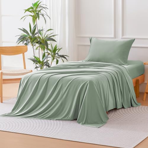 Image of Amazon Basics Jersey Knit 3-Piece Sheet Set, Wrinkle Resistant and Easy Fit, Includes 16 inch Deep Pocket Fitted Sheet, 1 Flat Sheet and 1 Pillowcase, Twin, Sage Green