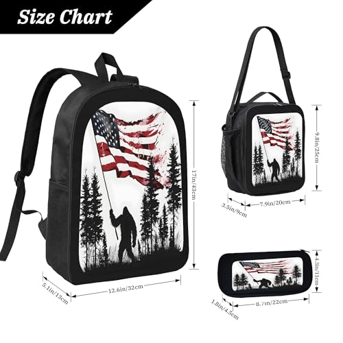 3PCS Backpack for Women Men With Lunch Box Pencil Bag 17 Inch Lightweight Adjustable Strap Back Pack 3 In 1 Set American Flag Man Casual Daypack Unisex Fit Travel Work Camping3