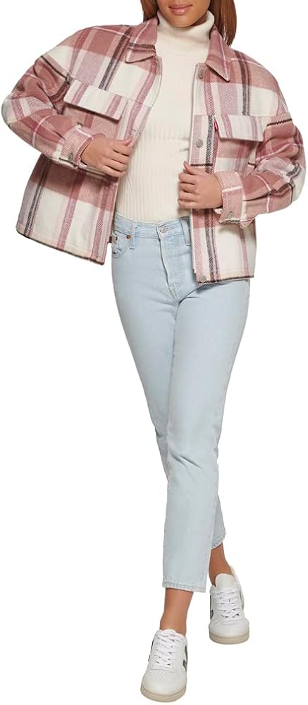 Levi's Women's Wool Blend Shorty Shirt Jacket, Cameo Pink Plaid