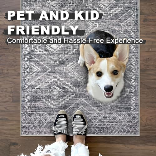 KILOCOCO Boho Kitchen Runner Rug 2x6 Washable Runner Rug Soft Runners for Hallways Non Slip Printed Distressed Laundry Room Rugs, Low-Pile Runners for Entryway Bedroom Living Room, Grey