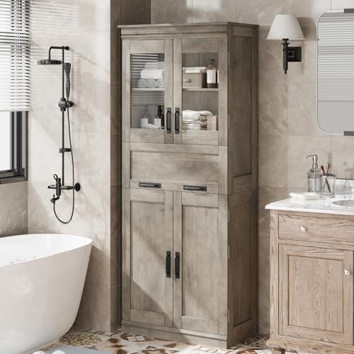 GAOMON 67" Tall Bathroom Cabinet with 4 Doors & Flip Glass Drawer, Storage Cabinet with Adjustable Shelves, Freestanding Organizer for Kitchen, Pantry, Living Room (Gray)