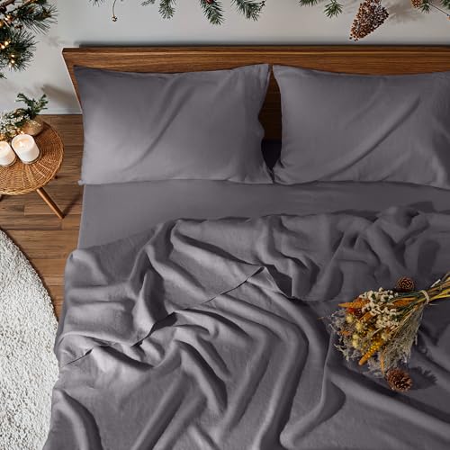 Image of 100% Pure Linen Sheet Set for Hot Sleepers, Breathable Natural Linen Sheets 4pcs, Bedding Set Deep Pocket Up to 16 inch Moisture-Wicking, Softens with Every Wash (Dark Gray Queen)