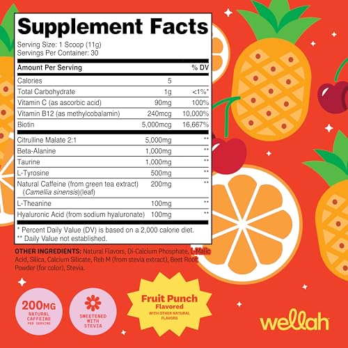 Image of Wellah Pre-Workout Drink Mix (Fruit Punch) 30 Servings | With Citrulline Malate and L-Theanine, 200mg of Natural Caffeine & 1000mg of Beta-Alanine