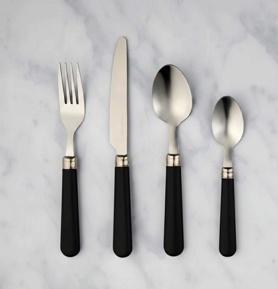 New 16-Piece Contemporary Stainless Steel Cutlery Set with Comfort-Grip Handles – Perfect for Everyday Dining & Table Décor-M81 (Black)