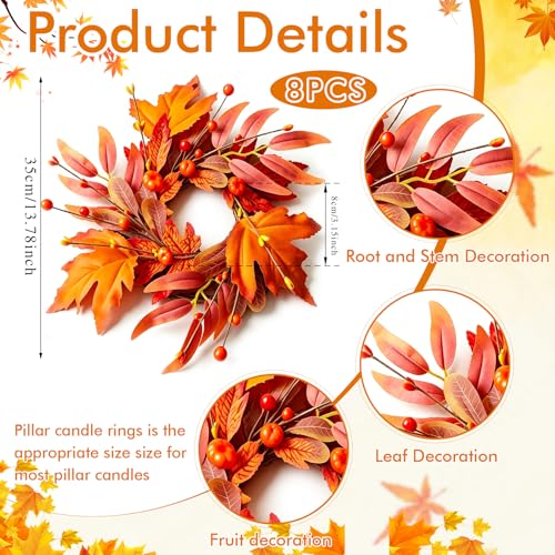 Image of 8 Pcs Mini Fall Wreaths Thanksgiving Table Centerpieces Fall Candle Rings 9 Inch Maple Leaf Wreaths for Cabinets Farmhouse Autumn Wreath for Front Door Porch Wall Window Decorations