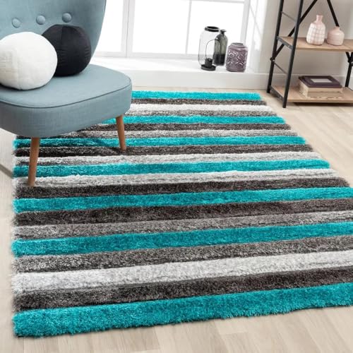 Image of Super Soft Floor Area Rug 3 x 5 Feet Soft Smooth Thick Non-Slip Fluffy Shaggy Carpet for Bedroom, Drawing, Kids Room, Office with Upto 2 Inch Microfiber High Pile (Turquoise Silver B)