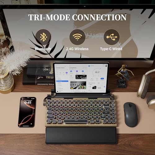 Image of 7KEYS Typewriter Keyboard Wireless Retro Style, Vintage Classical Mechanical Keyboard with Bluetooth for IPAD PC /Laptop Mac /Phone (Wood+Wrist)